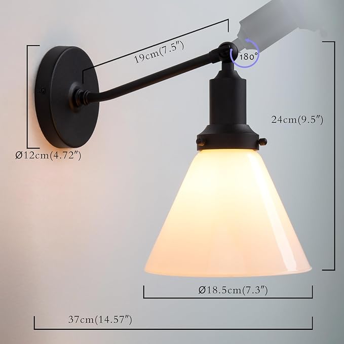 PERMO Industrial Vintage Slope Pole Wall Mount Single Sconce with Funnel Flared Milk White Glass Shade Wall Sconce Light Lamp Fixture Matte Black