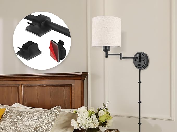 Plug in Wall Sconces with Remote Control, Dimming 10%-100% & Adjustable Colors 2700K-6500K, Hardwire or Plug-in, Swing Arm Wall Lamp with Linen Fabric Shade, Wall Sconces Set of Two, Black Finish