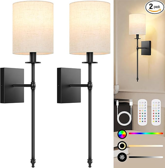 27 inch Battery Operated Wall Sconces Set of 2 with Remote, Rechargeable Wireless Wall Lights with Beige Fabric Shade, Indoor Not Hardwired Dimmable for Bedroom Living Room Decor