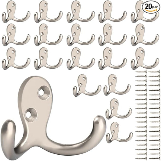 IBosins 20 Pack Heavy Duty Coat Hooks Wall Mounted with 40 Screws Wall Hooks Retro Double Prong Hooks Utility Hooks for Coat, Scarf, Bag, Towel, Key, Cap, Cup, Hat