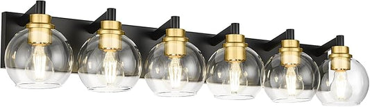 Bathroom Light Fixtures, 6-Light Black and Gold Bathroom Vanity Light, 38 Inch Modern Wall Sconces with Globe Clear Glass Shade, Vanity Lighting Fixtures Over Mirror, VL195-KG-6