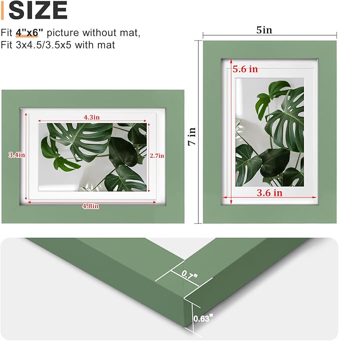 Egofine 4x6 Picture Frames 4PCS Covered by Plexiglass for Picture 3.5x5 with Mat or 4x6 whitout Mat Made of Solid Wood for Table Top Display and Wall Mounting Photo Frame, Green