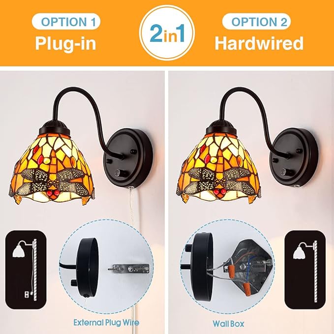 Tiffany Bedside Wall Mount Lamp with Dimmable Switch, Industrial Vintage Gooseneck Wall Sconce with Plug in Cord, Dragonfly Stained Glass Shade Wall Light Perfect for Bedroom, Living Room