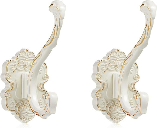 Zonon Vintage Coat Hooks Antique Wall Hooks Towel Hook for Hanging Purse Hat Keys Clothes Curtain Unique Heavy Duty Bathroom Hook for Wall(2 Pcs,White)