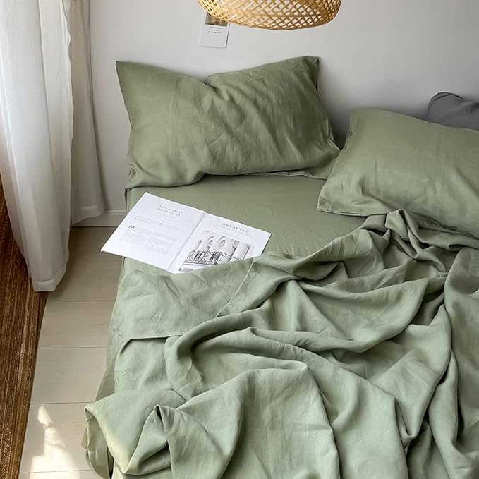 Simple&Opulence 100% Linen Pillowcases Basic Style Solid Color Set of 2, King Size Stone Washed Flax Pillow Cover Envelope Closure (20''x40'', Sage Green)