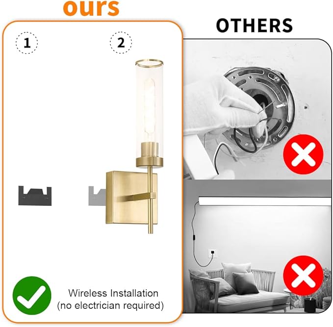 Gold Battery Operated Wall Sconce Set of 2, USB Rechargeable Wall Light with Remote Control, Brass Wireless Vanity Light Fixture with Bulbs(DC 5V), Glass Dimmable Sconce for Living Room Mirror Bedroom