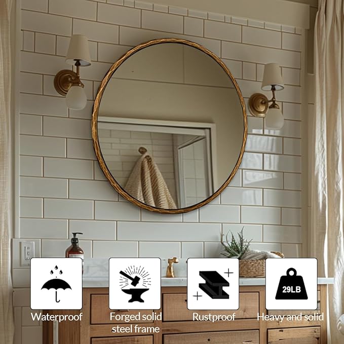 ANDY STAR 30 Inch Hand-Forged Round Gold Mirrors, Metal Frame Bathroom Round Wall Mirror for Over Sink, Large Vanity Circle Mirror for Antique, Vintage, Farmhouse, Rustic