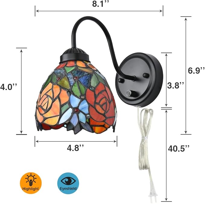 Tiffany Bedside Wall Mount Lamp with Dimmable Switch, Industrial Vintage Gooseneck Wall Sconce with Plug in Cord, Rose Stained Glass Shade Wall Light Perfect for Bedroom, Living Room and Hotel