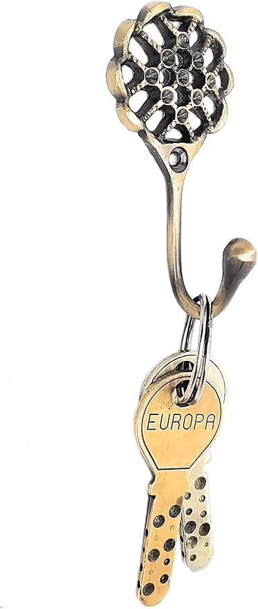 Multipurpose Hooks, Used to Hang Clothes, Bags, Coats, Curtain Hold Backs, Keys, Colour - Antique Gold, Material - Brass, Mesh Design, Screws and Wallplugs Included, Pack of 2 Pieces