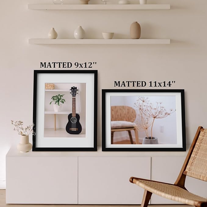 Egofine 12x16 Picture Frames 4PCS Covered by Plexiglass, Made of Solid Wood, Display Pictures 9x12/11x14 with Mat or 12x16 Without Mat for Wall Mounting, Black with Texture