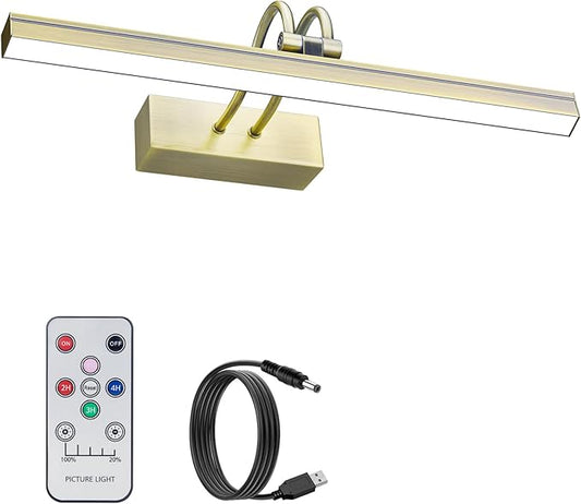 FUNCHDAY Picture Light Wireless, 13" Rechargeable Battery Operated Picture Lights with Remote Timer, 280LM Dimmable Gallery Light, Cordless Art Lighting for Paintings,Wall (Antique Brass)