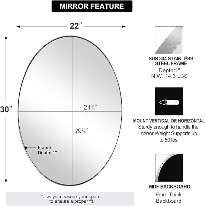 ANDY STAR Chrome Bathroom Mirror, Oval Bathroom Mirror 22 x 30 Inch, Polished Chrome Oval Wall Mirror for Bathroom, Oblong Pill Shaped Mirror Stainless Steel Frame Wall Mount Horizontal or Vertical