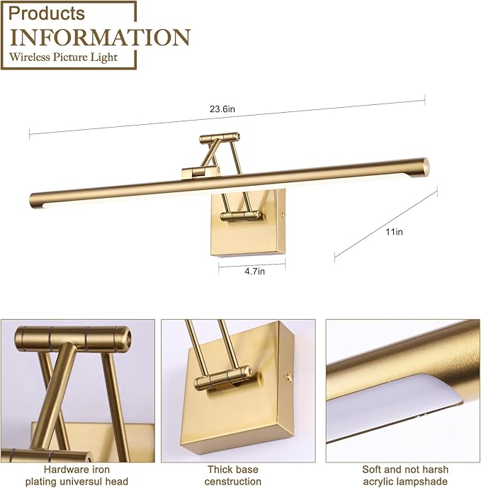 Brass Picture Light for Painting LED Gold Art Light Hard-Wired Picture Frame Lights 24 Inch Gallery Wall Light Modern Painting Lamps with Adjustable Swing Arm Display Lamp for Wall Artwork Warm White