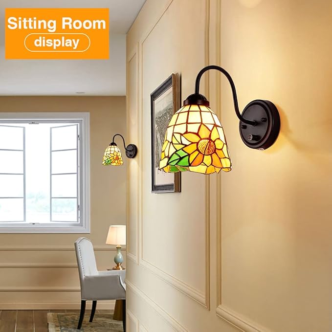 Tiffany Bedside Wall Mount Lamp with Dimmable Switch, Industrial Vintage Gooseneck Wall Sconce with Plug in Cord, Flowers Stained Glass Shade Wall Light Perfect for Bedroom, Living Room and Hotel