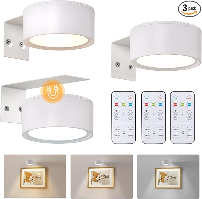 3 Pcs Battery Operated Picture Lights for Wall, Wireless LED Poster Lights with 3 Lighting Modes,Magnetic Gallery Art Light for Paintings, Dimmable and Timer Artwork Light(White)