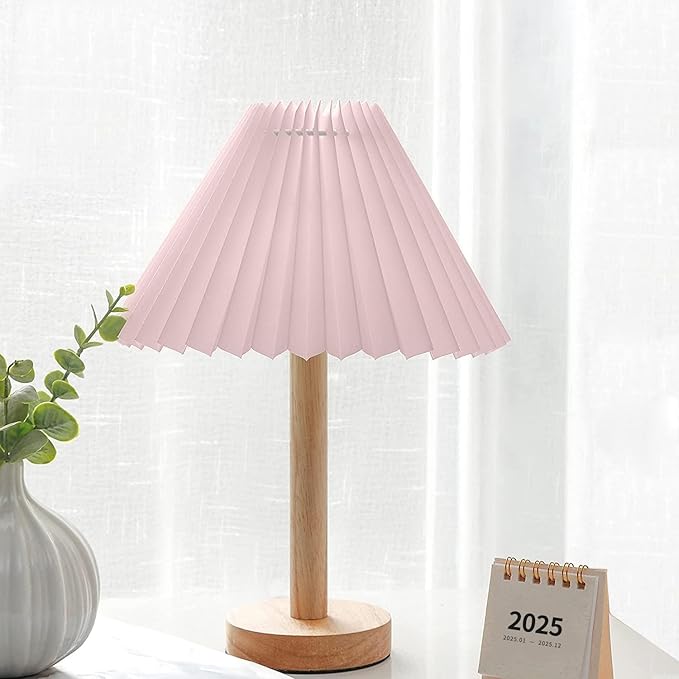 Zenply Korean Pleated Table Lamp, Cute Pink Small Table Lamp Nightstand Lamp, Mini Bedside Lamp for Bedroom Living Room Small Spaces, Small Table Lamp, with LED Bulb