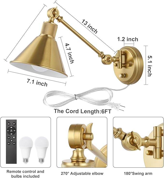 TRLIFE Dimmable Wall Sconce with Remote Control, Brushed Brass Plug in Wall Sconces Adjustable Color Temperature 2700K-6000K, Swing Arm Wall Lights with Plug in Cord, UL Listed(2 Pack, 2 Bulbs)