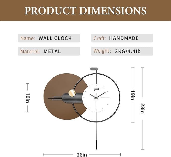 Large Modern Wall Clock for Living Room,Decorative Silent Battery Operated Wall Clock with Pendulum Metal Wall Art for Kitchen/Bedroom/Entryway/Office Decor