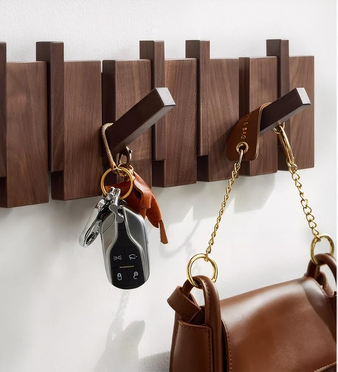 Wood Coat Rack Wall Mounted, Coat Hooks Wall Mount, Flip Down Entryway Wall Art Rack wtih 8 Hooks for Hanging Coats Keys Hats Towels Bags, Walnut