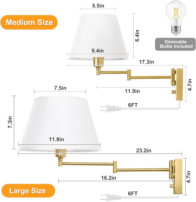 TRLIFE Dimmable Wall Sconce Plug in, Brushed Brass Wall Sconces Set of 2 Swing Arm Wall Lights with Plug in Cord and Dimmer On/Off Knob Switch, 11.8" Large White Fabric Shade(2 LED Bulbs Included)