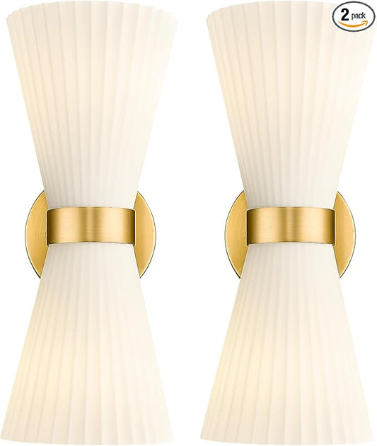 Modern Wall Sconce Set of 2, HWH 2-Light Up Down Wall Light Indoor Vanity Wall Lamp, Brushed Gold Bathroom Vanity Sconce Frosted White Striped Glass Shade, 5HZG97B-2W-2PK BG
