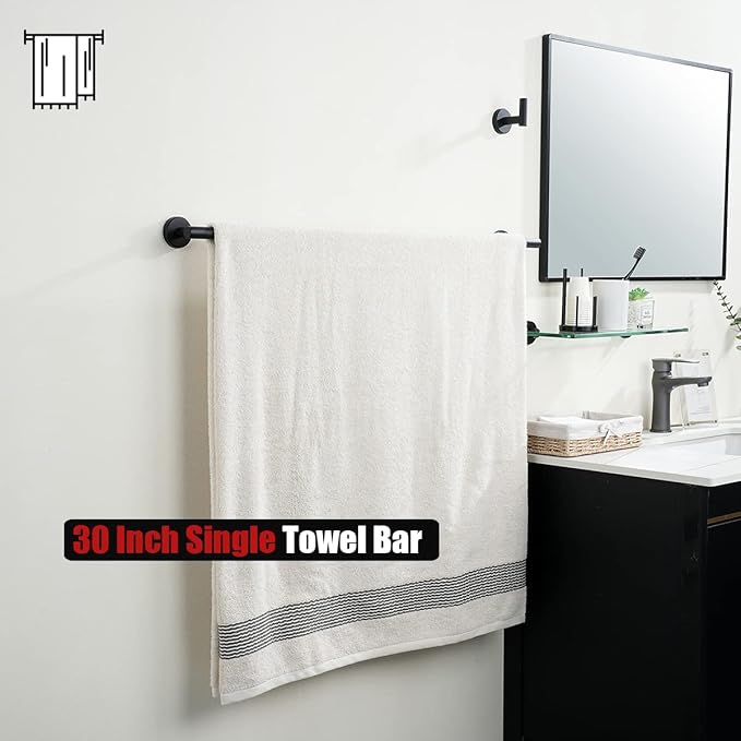 JQK Black Bath Towel Bar, 33 Inch 304 Stainless Steel Thicken 0.8mm Towel Rack Bathroom, Towel Holder Matte Black Wall Mount, Useable Length 30 Inch 2 Pack, TB110L30-PB-P2