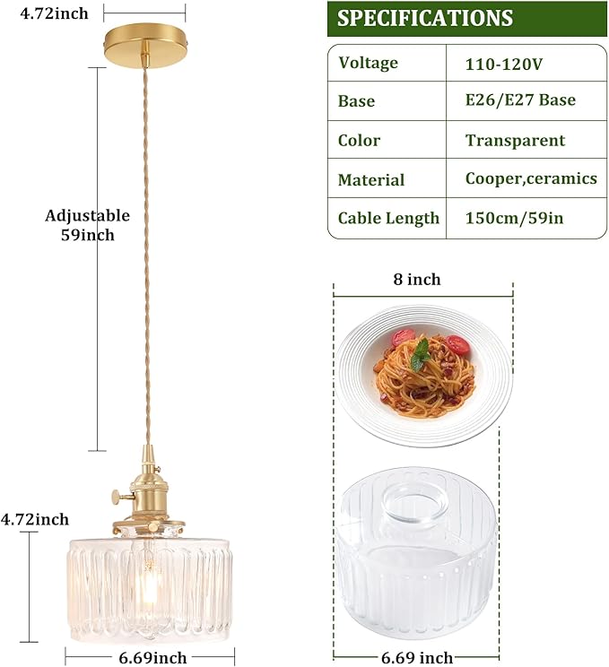 Pendant Light with Clear Striped Glass Lmapshade, Brass Vintage Pendant Light Adjustable Hanging Light for Kitchen Island Dining Room Hallway