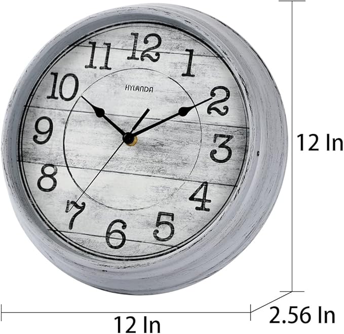 HYLANDA Retro/Vintage 12-Inch Kitchen Decorative Wall Clock, Silent Wall Cocks Battery Operated Non Ticking with Large Numbers Easy to Read for Home Bathroom Office(Grey)