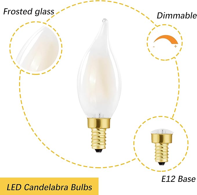 LED Frosted Candelabra Light Bulbs, 4W Equivalent 40W, Soft White 3000K,E12 Candle Base,400LM,AC120V,Dimmable Chandelier Light Bulbs for Dining Room,Ceiling Fan,Chandelier (12 Pack)