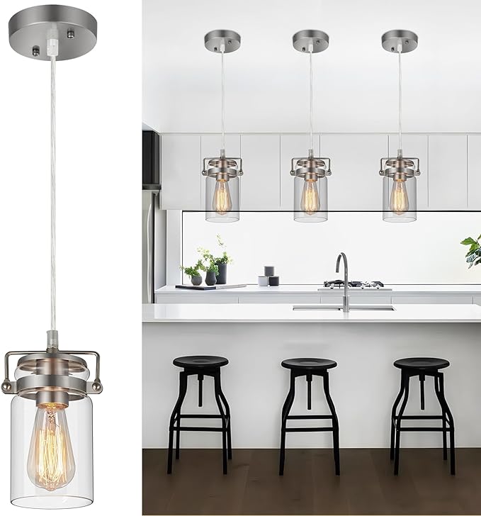 Industrial Pendant Lighting for Kithen Island, Brushed Nickel Pendant Light Fixture with Clear Glass Shade Modern Mini Ceiling Light Fixture Adjustable Kitchen Island Lighting(E26 Base)