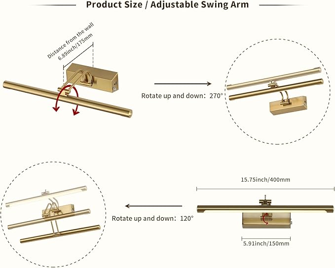 Joosenhouse Battery Operated Picture Light 5000mAh Rechargeable Wall Light 15.7" Wireless Picture Lights for Wall with Remote Control for Paintings Photo Spot Lights Indoor Brass Color