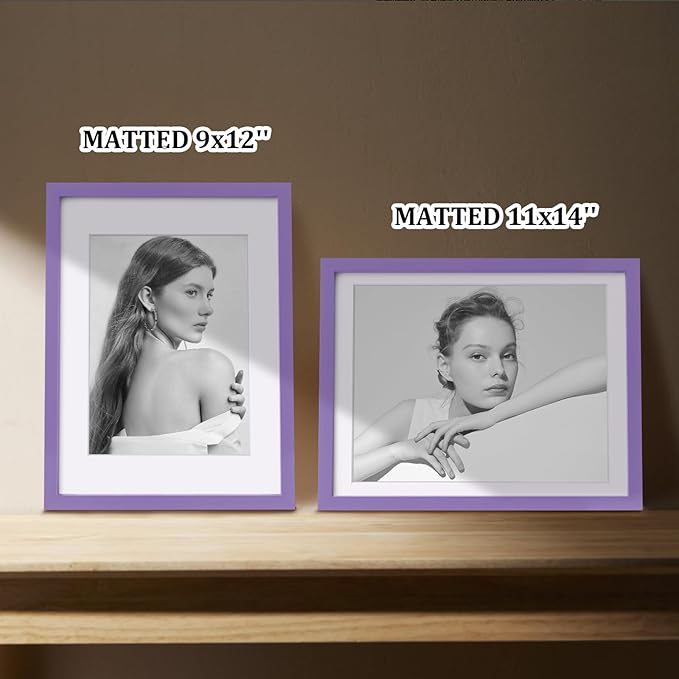 Egofine 12x16 Picture Frames 4PCS Covered by Plexiglass, Made of Solid Wood, Display Pictures 9x12/11x14 with Mat or 12x16 Without Mat for Wall Mounting, Purple