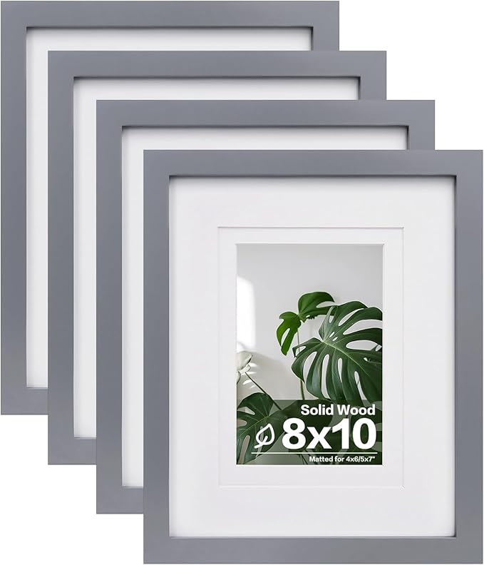 Egofine 8x10 Picture Frames 4 Pack - Wood Frames Covered by Plexiglass for Pictures 4x6 or 5x7 with Mat or 8x10 Without Mat, Photo Frames for Table Top and Wall Display, Dark Gray