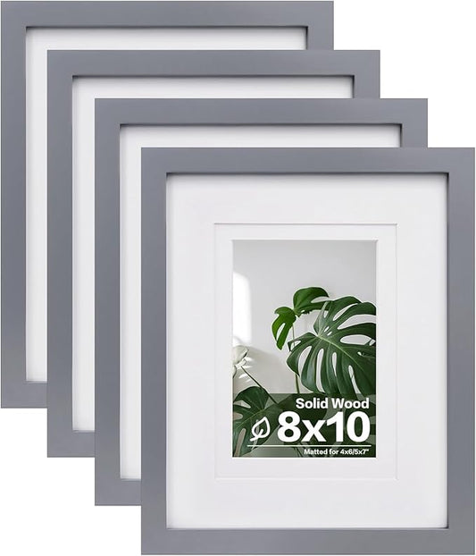 Egofine 8x10 Picture Frames 4 Pack - Wood Frames Covered by Plexiglass for Pictures 4x6 or 5x7 with Mat or 8x10 Without Mat, Photo Frames for Table Top and Wall Display, Dark Gray