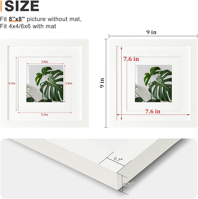 Egofine 8x8 Picture Frame 4PCS, Made of Solid Wood Covered by Plexiglass Display 4x4/6x6 with Mat or 8x8 without Mat, for Table Top Display and Wall Mounting Photo Frame, White with Texture
