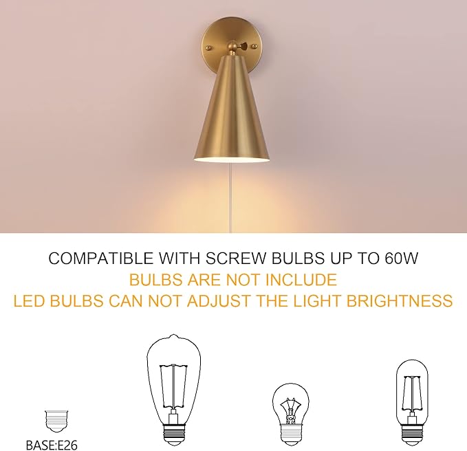 MWZ Gold Wall Sconces Set of Two Plug in,Brass Modern Dimmable Sconces Adjustable Angle Lights with Metal Shade and Dimmer On/Off Rotary Switch, Wall Mounted Light for Bedroom Bedside Stairway