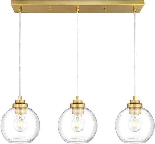 3-Light Gold Linear Chandelier, Globe Kitchen Island Lighting, Modern Pendant Light with Clear Glass for Dining Room Living Room Pool Table, ZCPL101BG-3S