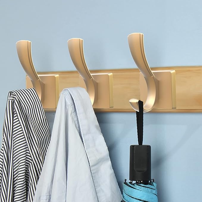 Gold Hooks for Wall Double Hooks, Heavy Duty Thick Bathroom Coat Hooks for Hanging Key Robe Hat Backpack, Wall Mount Hat Hooks Bath Towel Hooks(6 Pack, Gold)