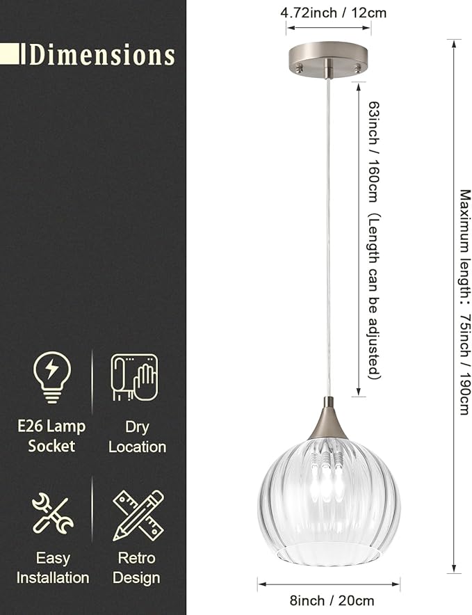 Brushed Nickel Pendant Lights Kitchen Island, Globe Pendant Light Fixtures with 8 Inch Clear Glass Shade, Modern Hanging Light Fixtures for Kitchen, Bedroom (2 Pack - Clear Glass Pendant Light)