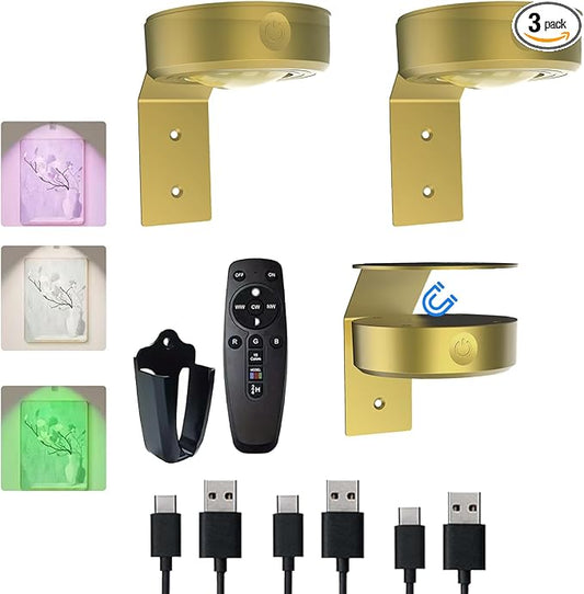 3Pcs Picture Painting Light Battery Operated with Remote Control, 16 RGB Color Magnetic Led Art Spotlight for Picture Frame Display Party Home Wall Decor Puck Light,Gold