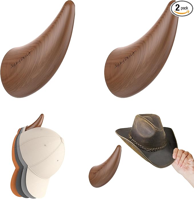 World’s Only - Unique Wall Hooks, 2 Pack Coat Hooks, Horn Shape Design, Decorative Bag Hooks, Cowboy Hat Rack for Wall – Natural, Space-Saving, Baseball Cap Organizer