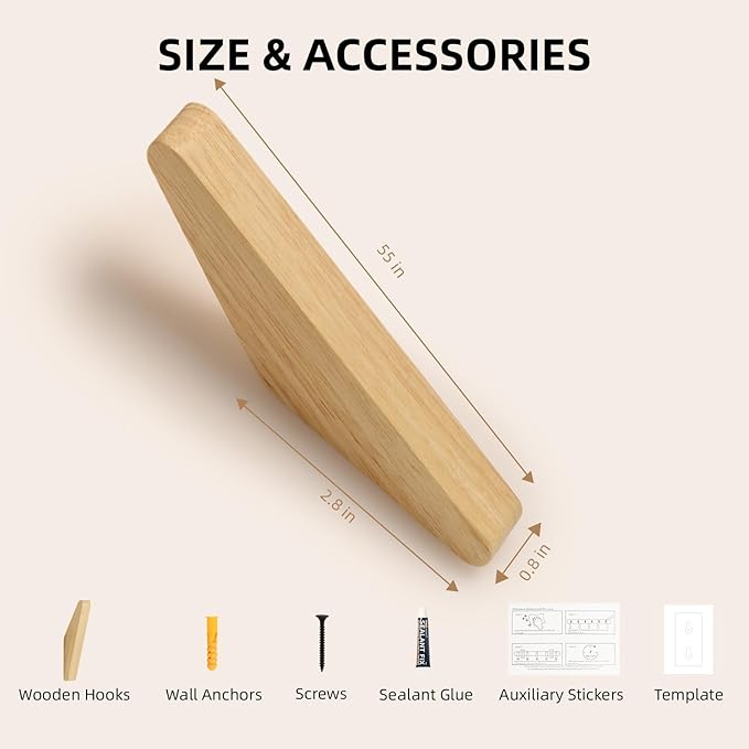 4 Pack Wood Wall Hooks Natural Wooden Coat Hooks Hat Hooks No Damage for Hanging Towels Clothes Adhesive Modern Home Decorative Gift (Triangles Beech)