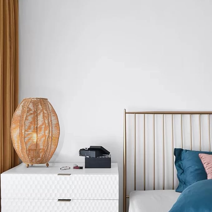 Rattan Woven Side Table Lamp for Bedroom Living Room, Boho Coastal Lamp Farmhouse Nightstand Lamp Tripod Desk Lamps Mid Century for Beach Room Kids Room Cafe Bar