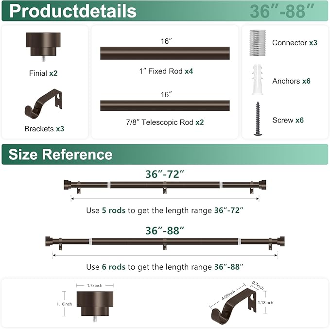 HEI! DEAR Bronze Curtain Rods 48 to 84Inch(4-7FT),1 Inch Heavy DutyAdjustable Curtain Rod Set,Modern Decorative Drapery Rods,Telescoping Single Window Curtain Rod 36-88",Antique Bronze