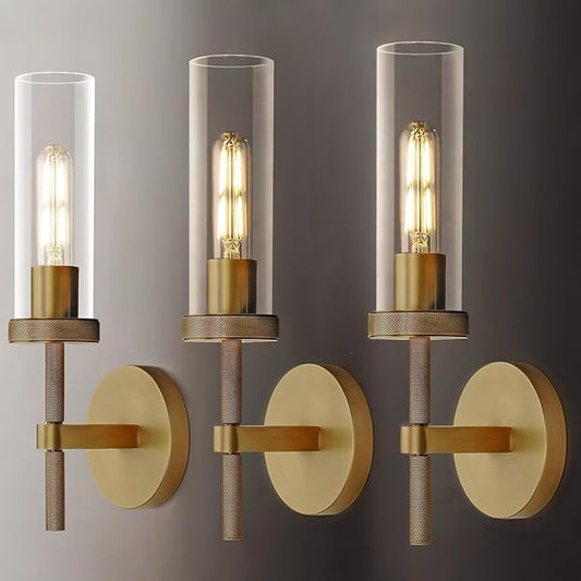 3 Pack Knurled Wall Sconces, Brass Wall Sconce Lights, 14" Gold Bathroom Wall Sconces, Glass Linear Sconce Wall Lighting, Vanity Lights Bathroom Light Fixture Wall Lights for Living Room