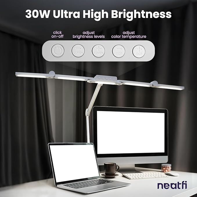 (New Model) Neatfi 3,000 Lumens LED Desk Lamp, Dimmable Light with 360 SMD LEDs, 30W, CRI 95, Adjustable Color Temperature, Task Lamp for Home, Office, and Workbench (CCT with Clamp, White, 44 Inches)