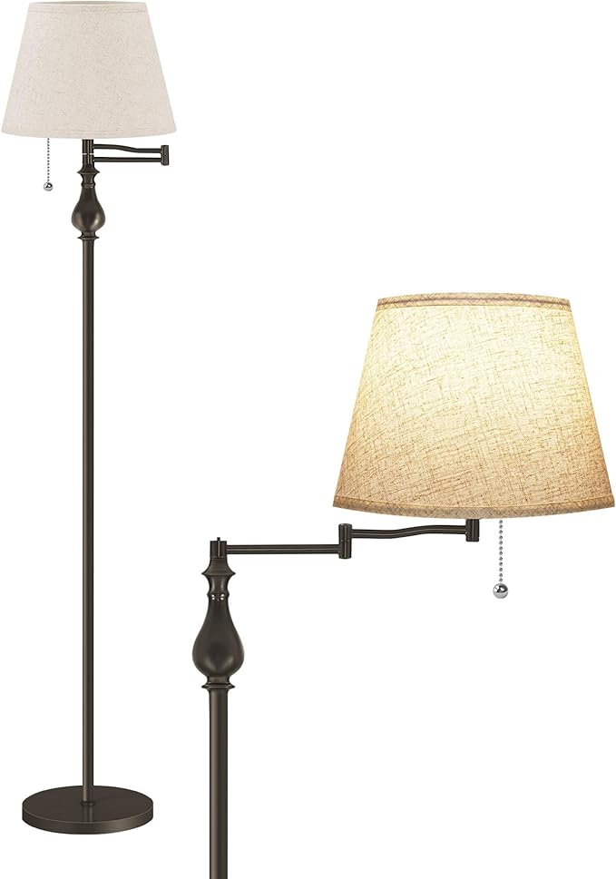 Vintage Floor Lamp with 350°Adjustable Swing Arm, 61” Mid-Century Modern Floor Lamp, Standing Pole Lamp with Pull Chain Switch, Antique Reading Lamp for Living Room, Bedroom, Office, Brown CE13LD05