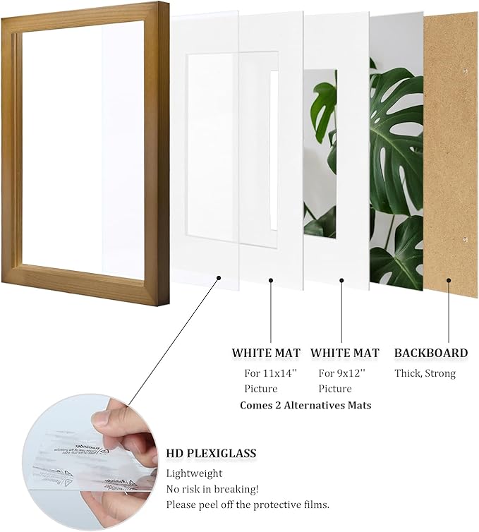 Egofine 12x16 Picture Frame with Plexiglass Made of Solid Wood, Display Pictures 9x12/11x14 with Mat or 12x16 Without Mat Set of 4 for Wall Mounting,Light Brown
