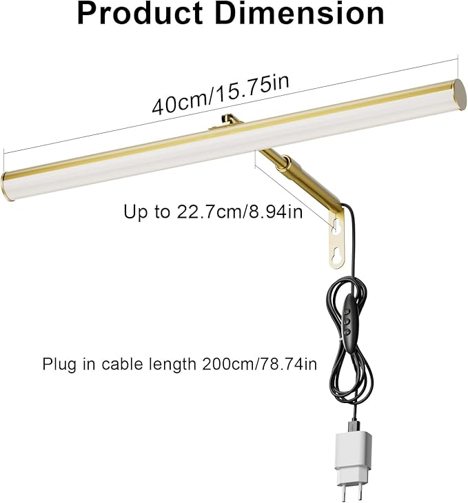 Gold LED Picture Light Plug in, 15.75 Inches Art Light with Remote, 3 Color Lighting, Artwork Light with in-Line On/Off Switch, Metal