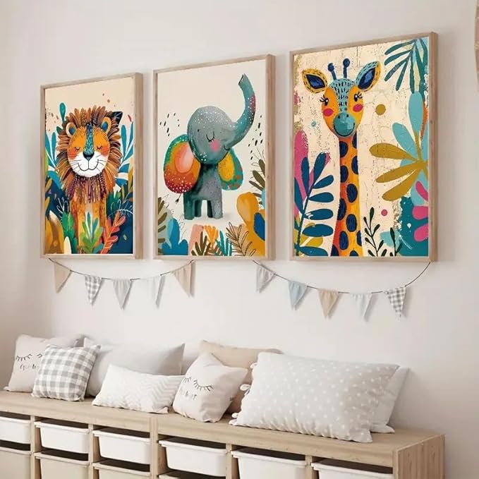 3Pcs Safari Animal Nursery Canvas Wall Art Cute Watercolor Elephant Giraffe Lion Pictures Wall Decor Colorful Jungle Animals Posters Painting Prints for Kids Room Baby Boys and Girls Room, Unframed